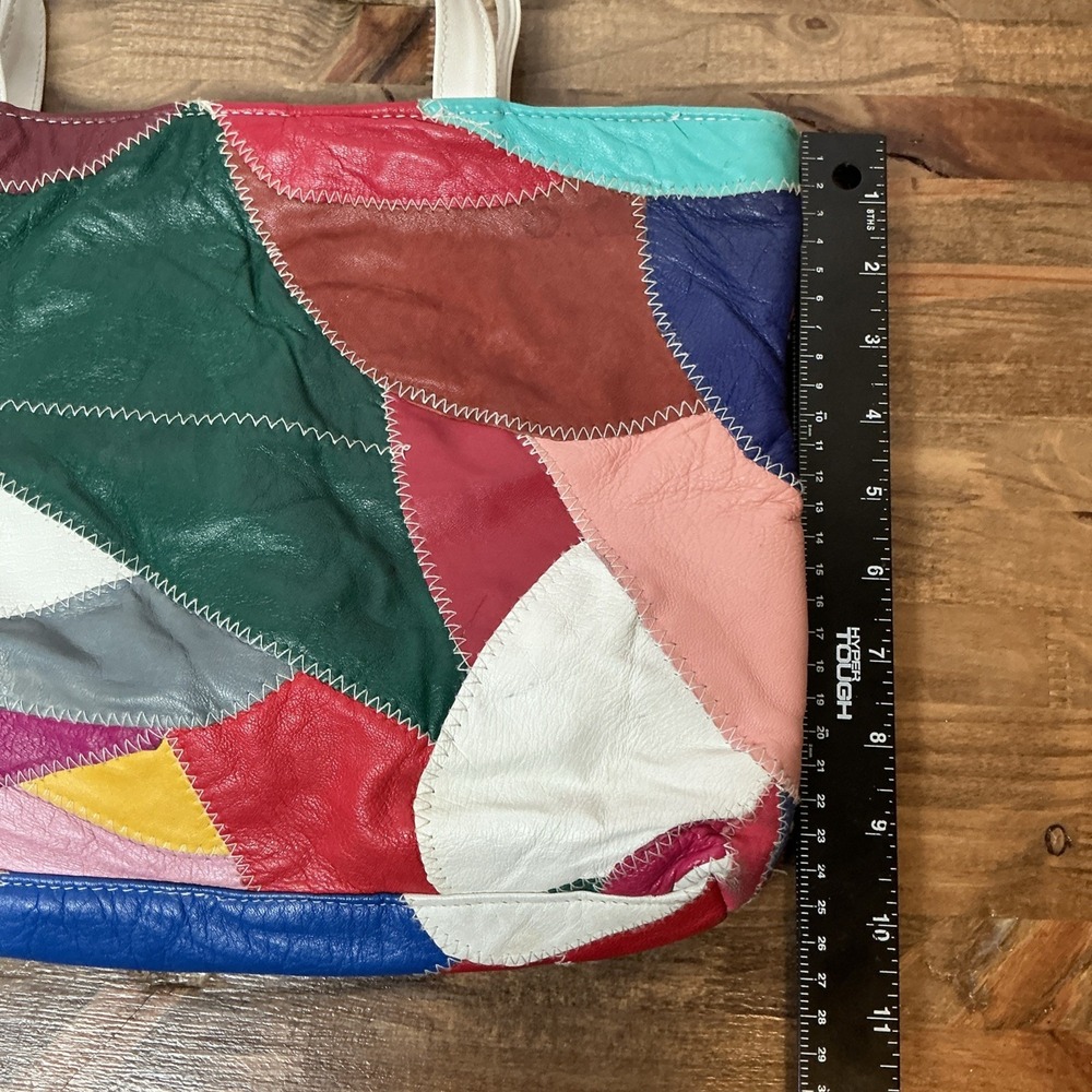 Vintage Genuine Leather Patchwork Tote Bag Multicolor Colorblock Shoulder Purse - Picture 16 of 16